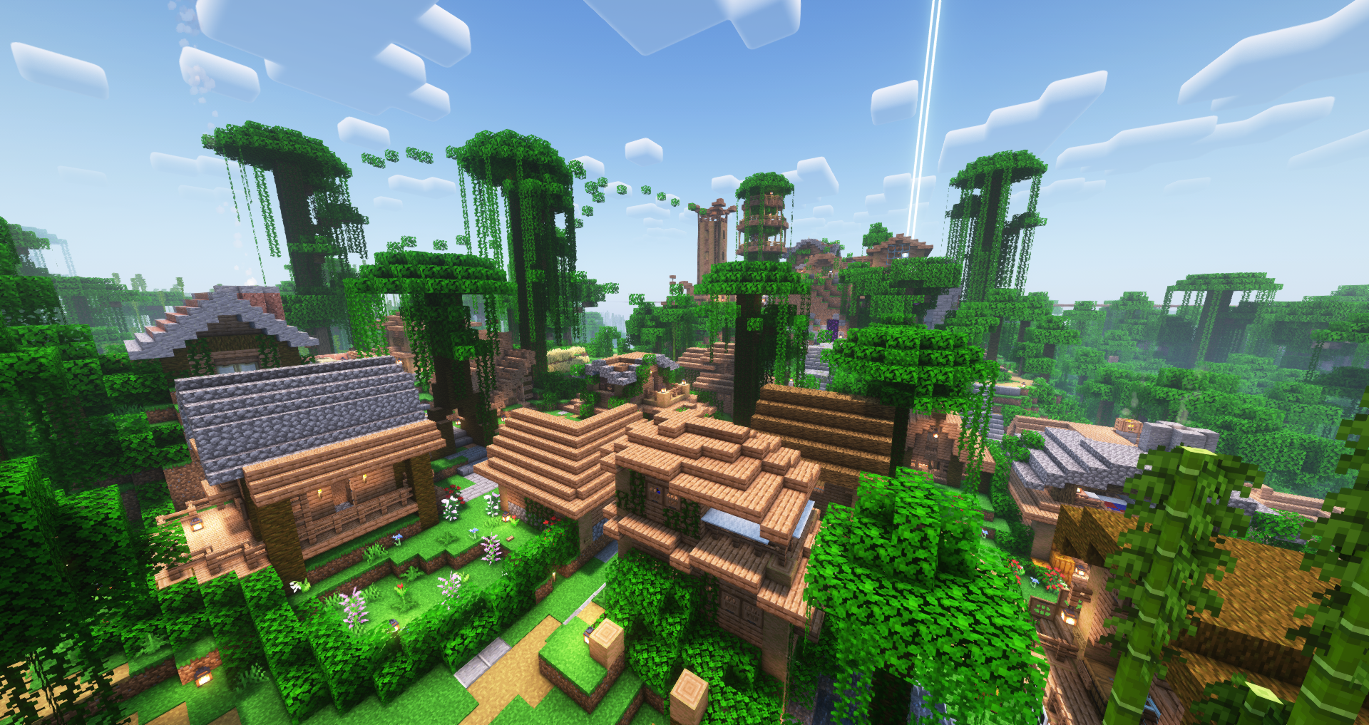 Minecraft-bild på en stad med trähus i djungellandskap